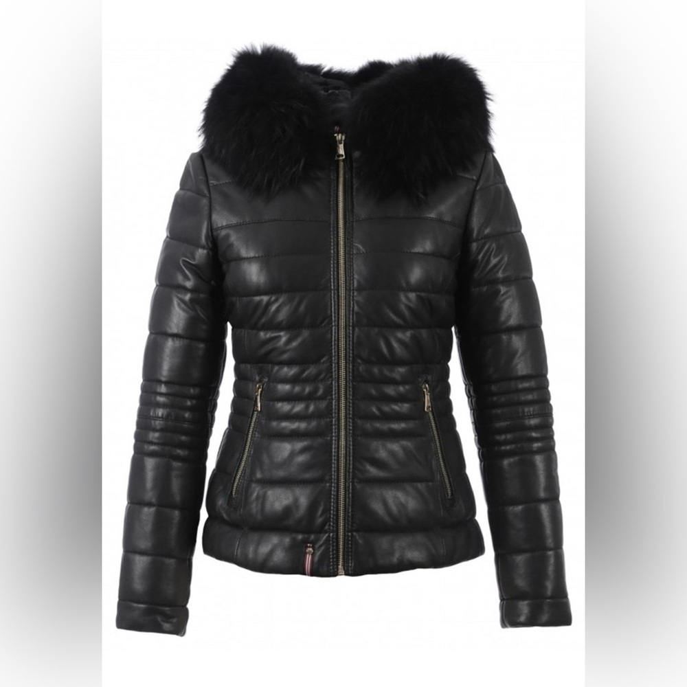 OAKWOOD-Black Jelly Leather Jacket-Sz M - lambskin/racoon fur
